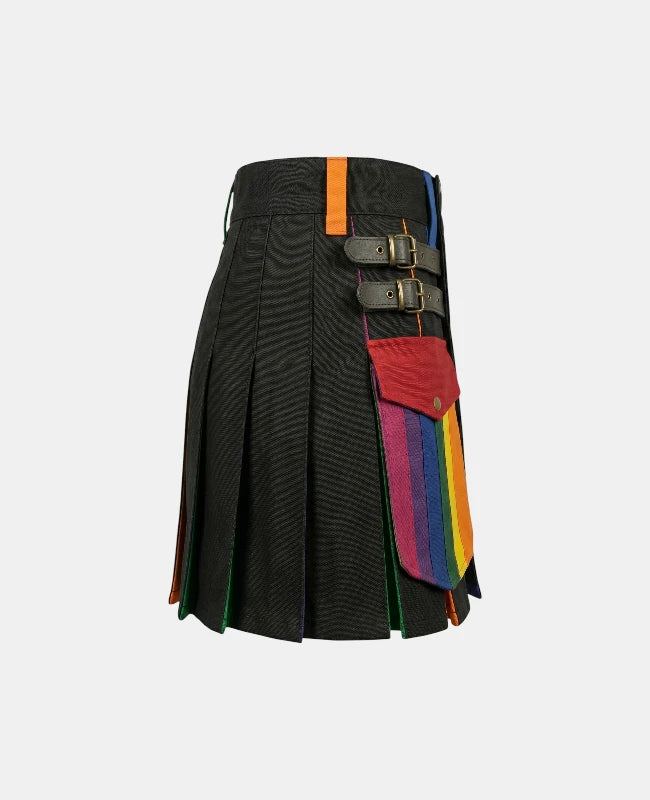 Women Black Rainbow Kilt with Red & Blue Pleats Right Side