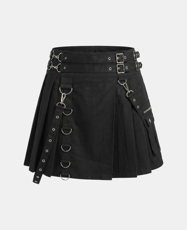 Women Black Utility Gothic Kilt Front