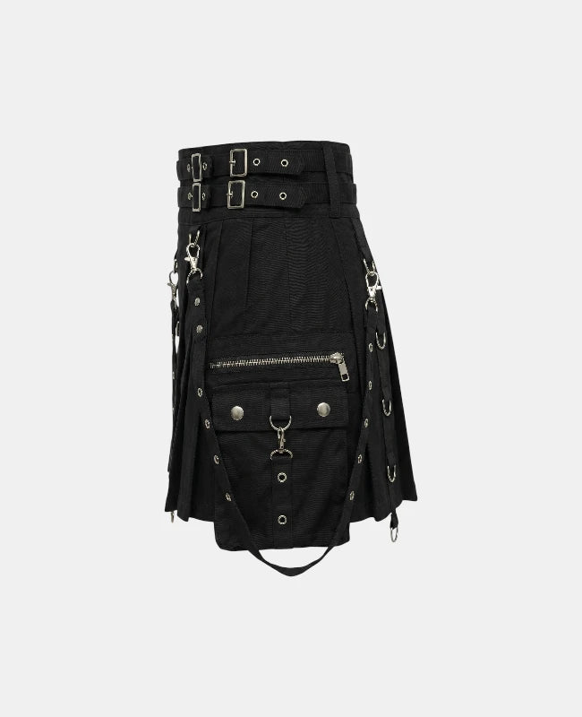 Women Black Utility Gothic Kilt Left Side