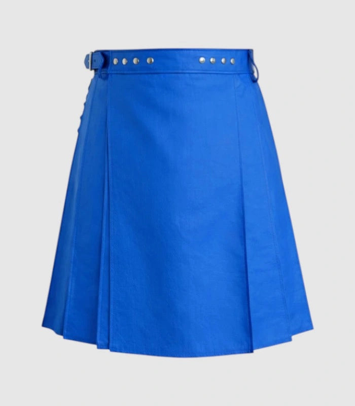 plain Standard Blue Leather Kilt Front
