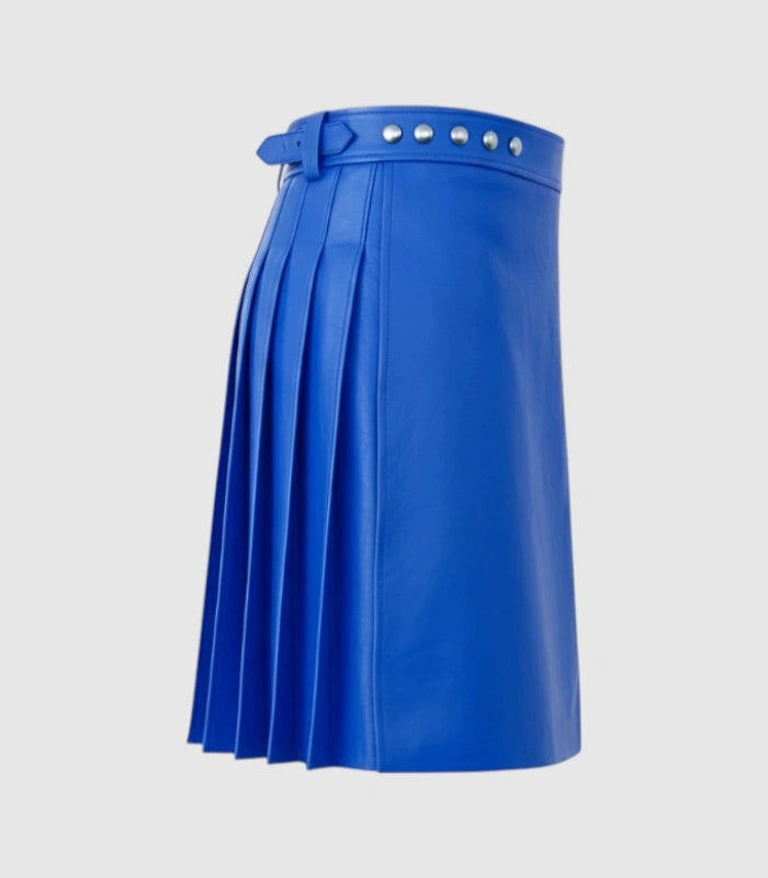 plain Standard Blue Leather Kilt Right Side